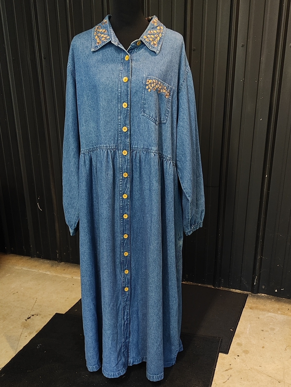 Denim Button-Front Long Sleeve Maxi Dress - Blue